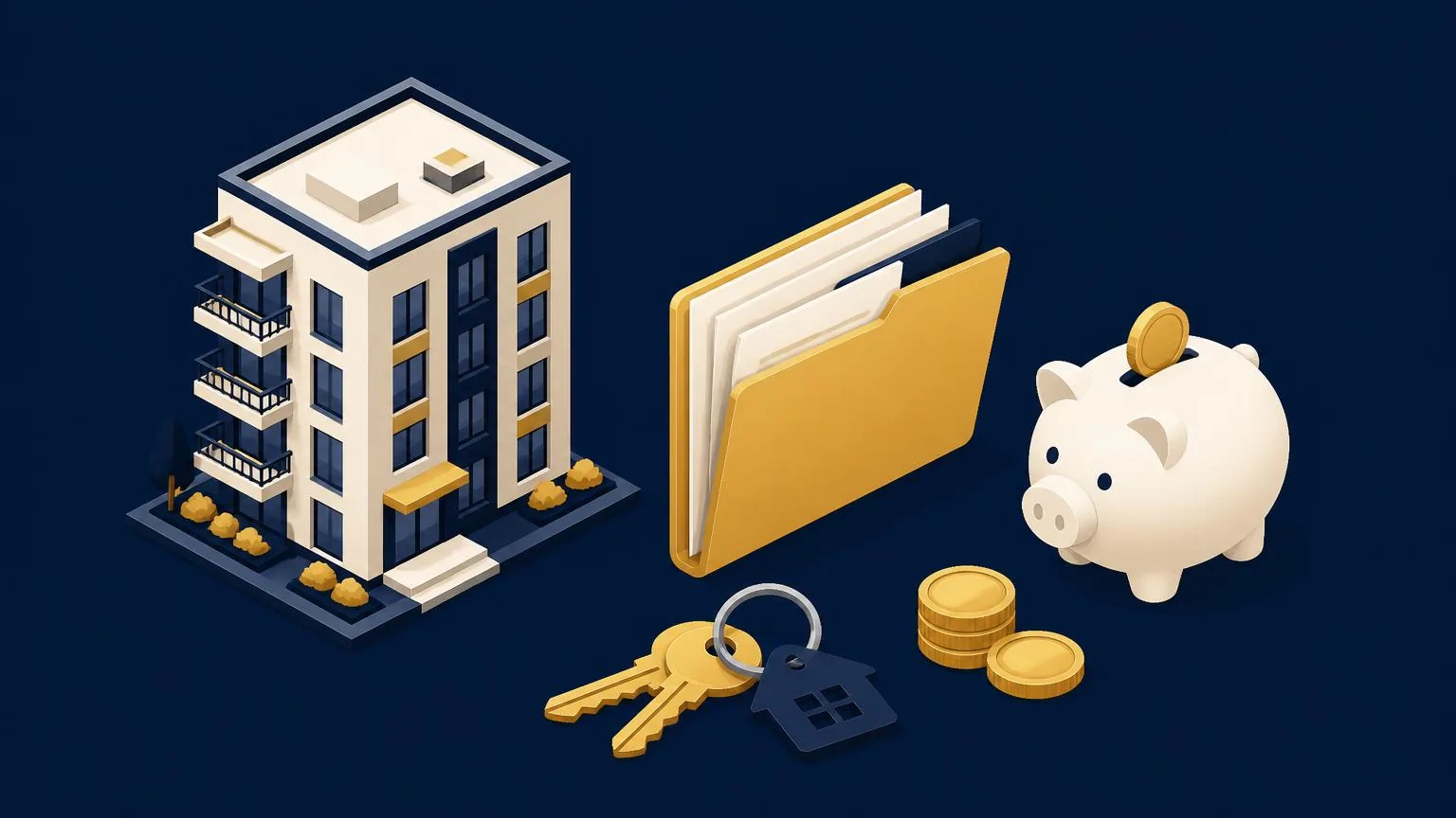 Ilustrație cu un bloc de apartamente, un dosar cu documente, chei de locuință și o pușculiță cu monede